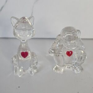 Crystal Heart Collection Cat and Monkey Figurines 1994 Just Toys Inc Vintage 90s